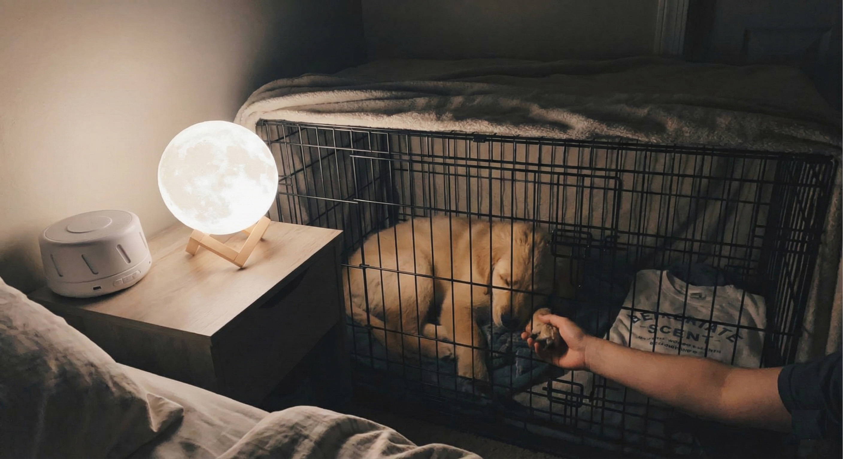 Properly set up crate environment with comfortable bedding and safe placement